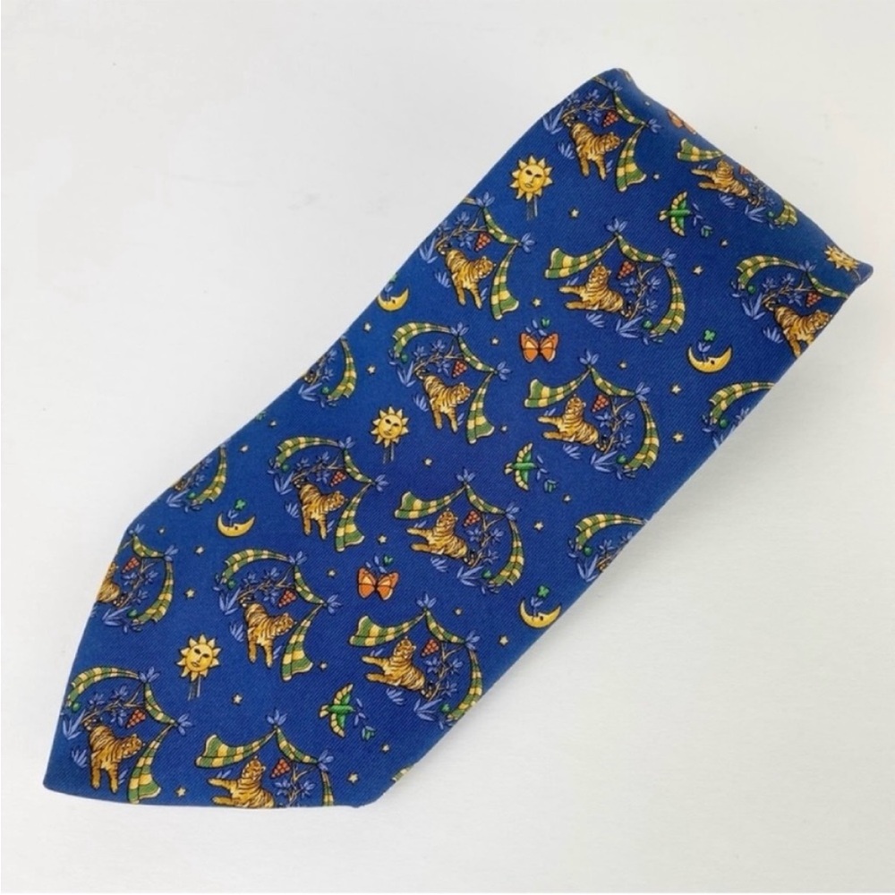 Salvatore Ferragamo Blue Safari Tiger Sun Moon Butterfly Bird 100% Silk Neck Tie